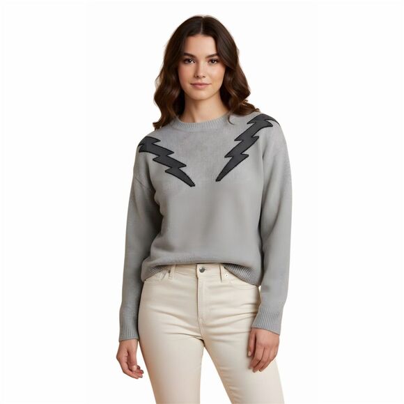 Storia  Women's Gray Lightning Bolt Graphic Pullover Sweater Size S - Picture 2 of 5